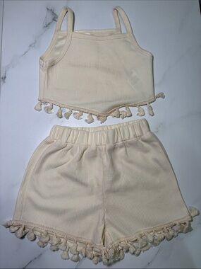 SHEIN Cream Tassel Waffle Knit Crop Tank & Shorts Set
